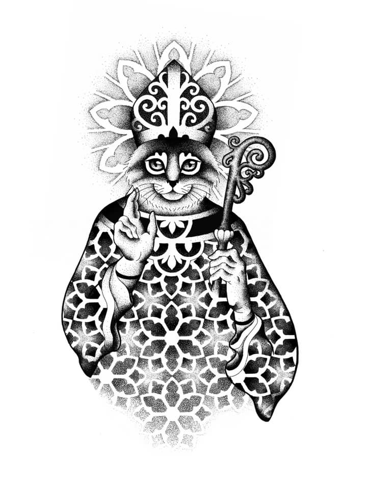 Un dessin représentant un évèque à la tête de chat, habillé de rosaces gothiques en travail de points, à réserver!