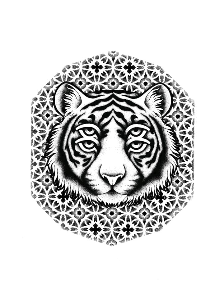 Un dessin d'un tigre à quatre yeux avec en fond une rosace gothique en travail de points, à réserver!